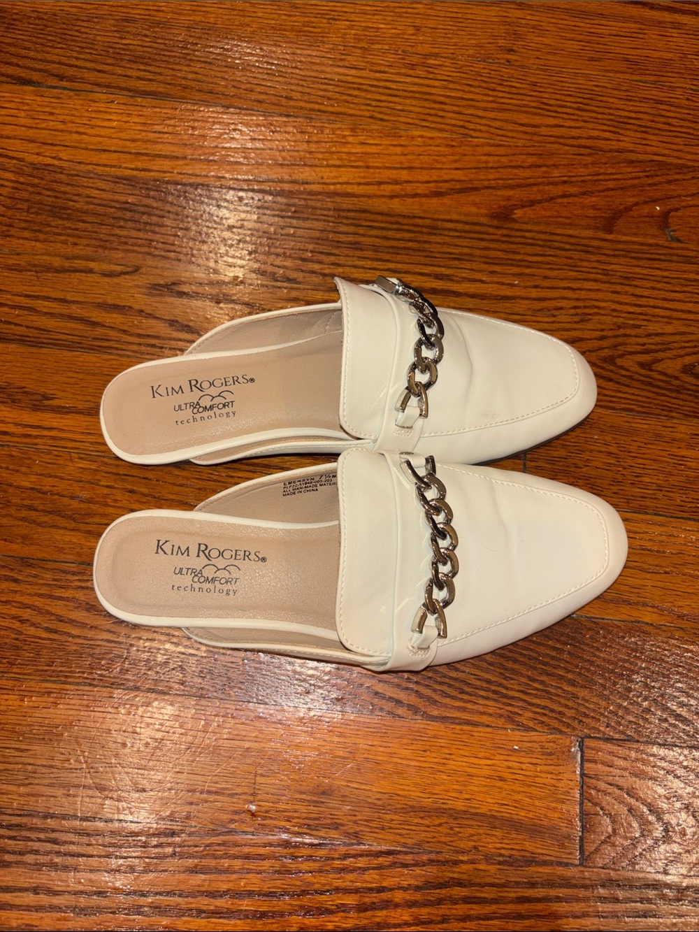 Kim Rogers Cream Slip-On Mules with Silver Chain Accent
